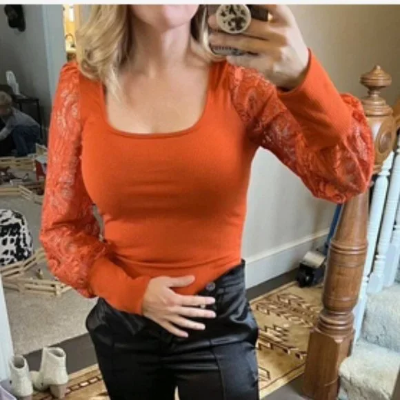 Pumpkin Spice Crochet Sleeve Sweater Top - Orange - Picture 3 of 6